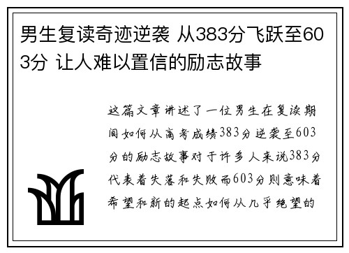 男生复读奇迹逆袭 从383分飞跃至603分 让人难以置信的励志故事