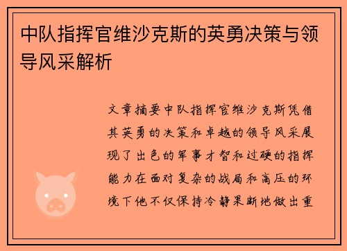 中队指挥官维沙克斯的英勇决策与领导风采解析